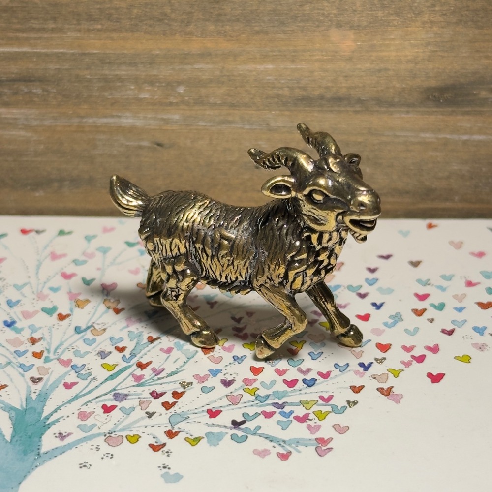 BG1 Chinese Zodiac Goat Animal Figurine Brass Tone Miniature Vintage Ram Decor